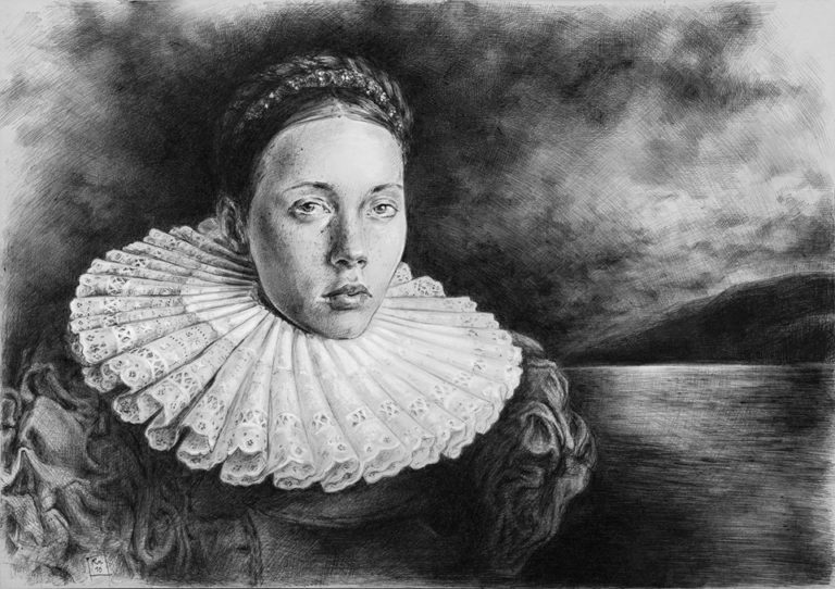 Riccardo Martinelli - Ritratto di giovane donna (penna a sfera e matita gessosa su carta / ballpoint pen on paper 29x21). 2016