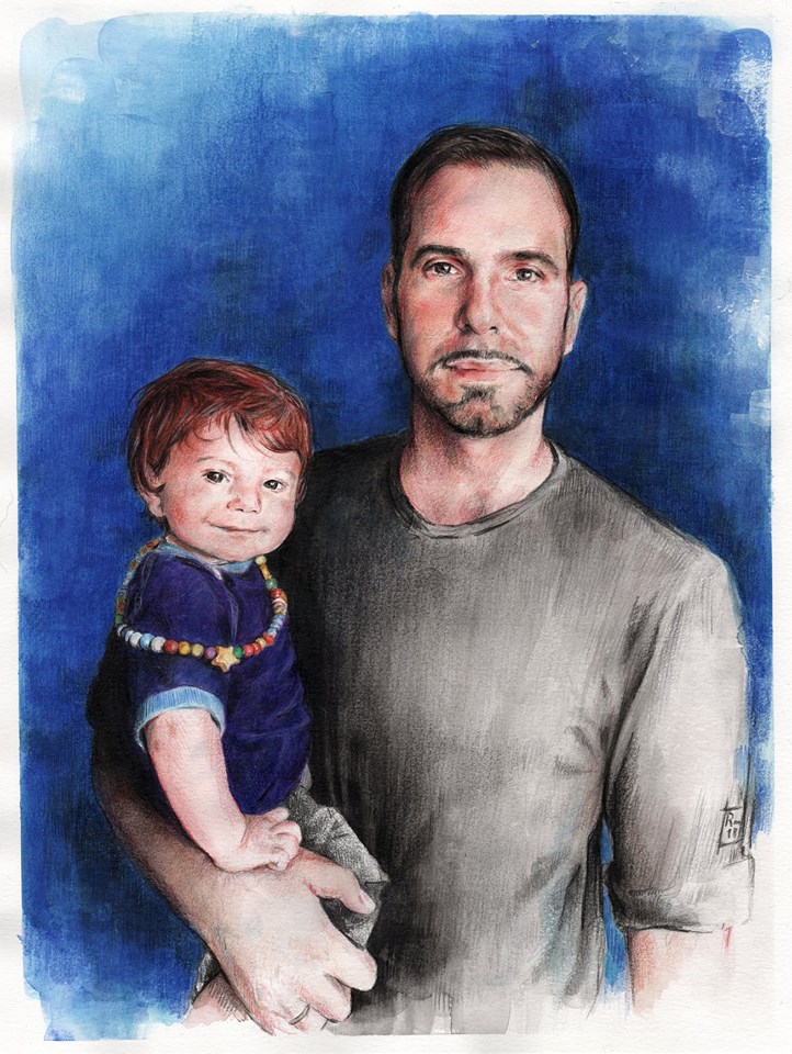 Padre e figlio (acquerello e matite acquerellabili su carta / watercolor and pencils on paper - 36x48 cm. circa).
