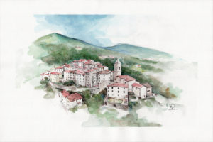 Veduta di Mammiano, frazione di San Marcello Pistoiese (Pistoia) (acquerello e matite su carta / watercolor and pencils on paper 45,5x30,5) Toscana / Tuscany.