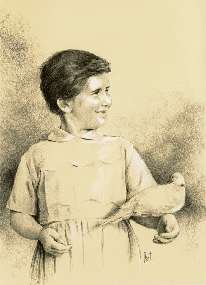 Riccardo Martinelli - bambina con tortora - penna a sfera - 21x29