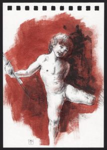 Riccardo Martinelli - Amor vincit omnia (da Caravaggio) (penna a sfera e acrilico 12x16) 2015