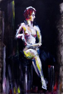 Riccardo Martinelli - nudo seduto su fondo nero - Studio di nudo femminile dal vero (acrilico 50x70) 2013