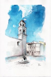 San Marcello Pistoise - La piazzetta della chiesa (Montagna pistoiese) - acquerello su carta / watercolor on paper 45x30 cm.